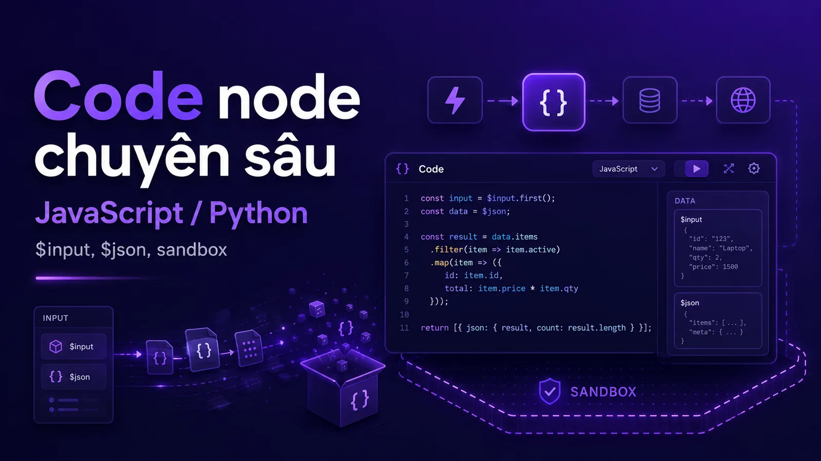 Bài 7 — Code node chuyên sâu: JavaScript/Python, \$input/\$json, sandbox