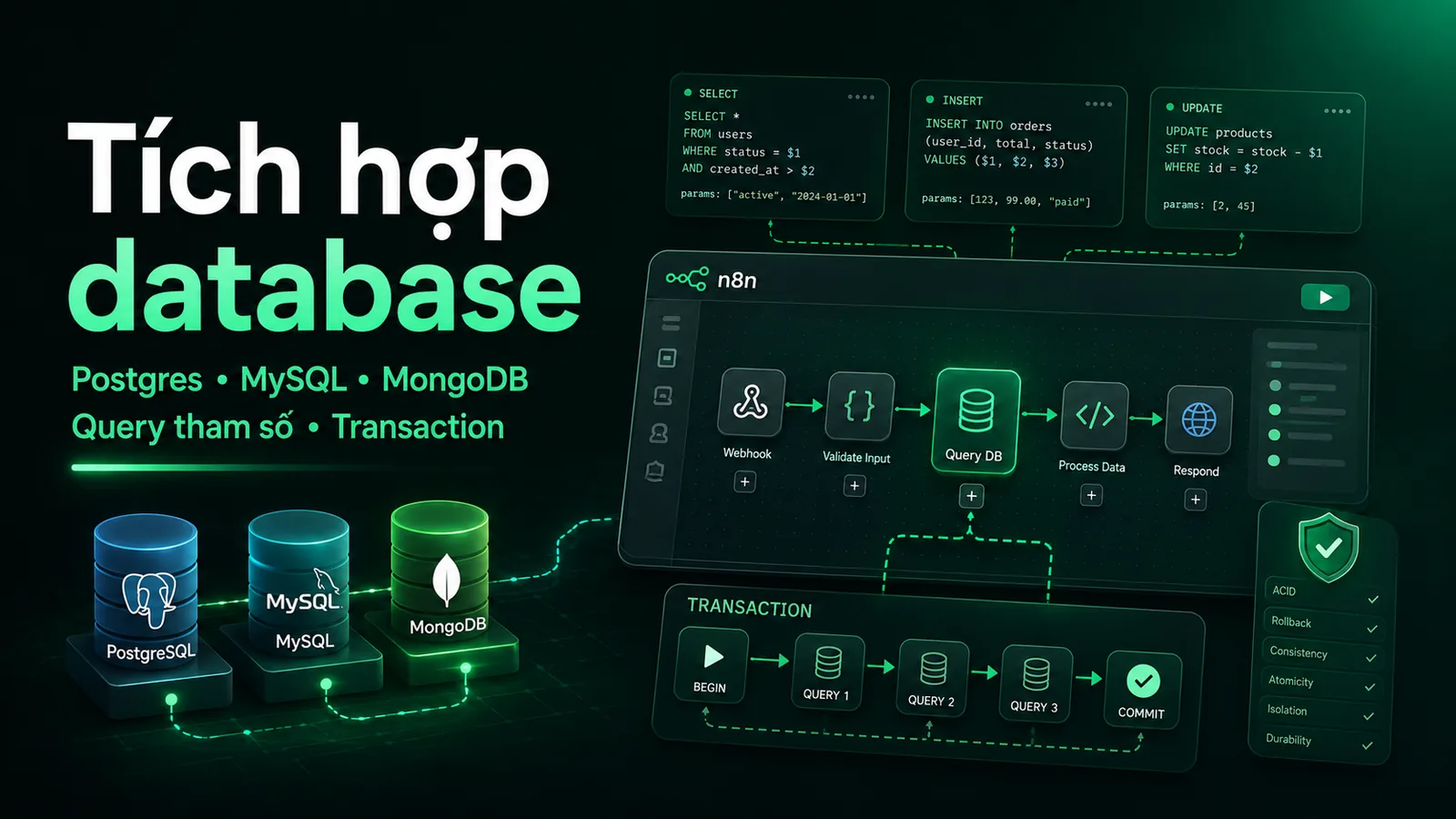 Bài 12 — Tích hợp database: Postgres/MySQL/MongoDB, query tham số, transaction