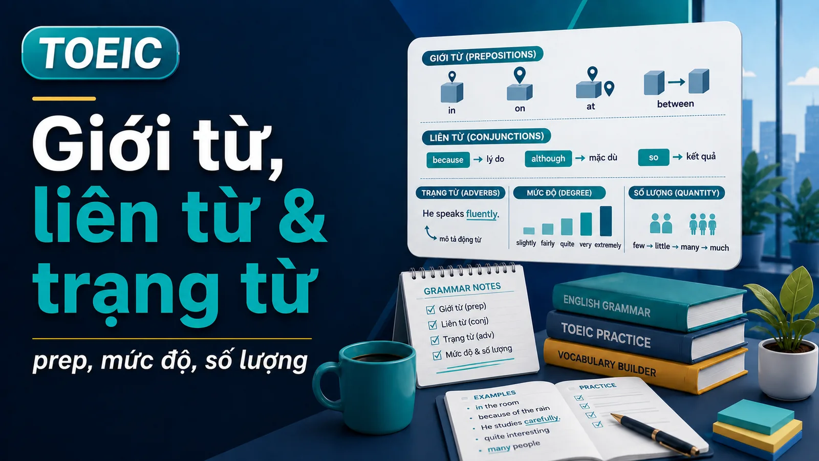 Cụm từ TOEIC hay gặp: Giới từ, liên từ & trạng từ